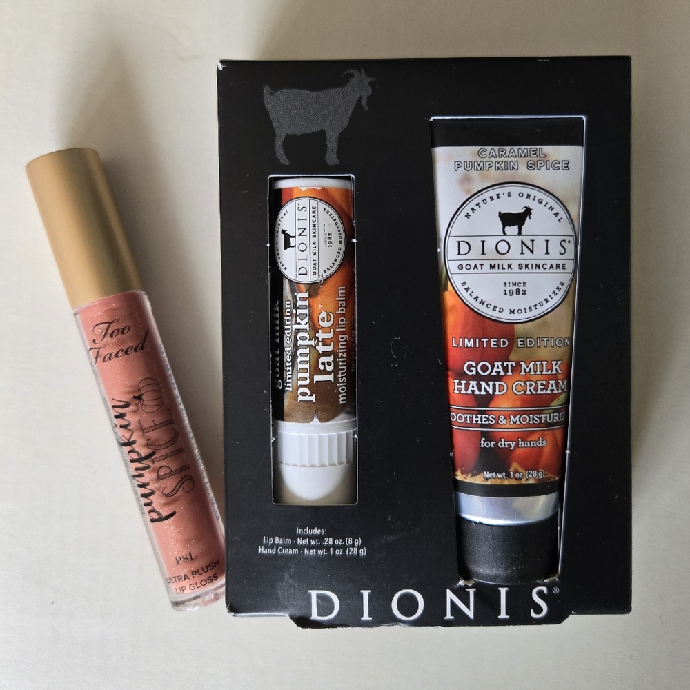 Set Too Faced Pumpkin Spice Lip Gloss & Dionis Pumpkin Spice Lip & Hand Cream